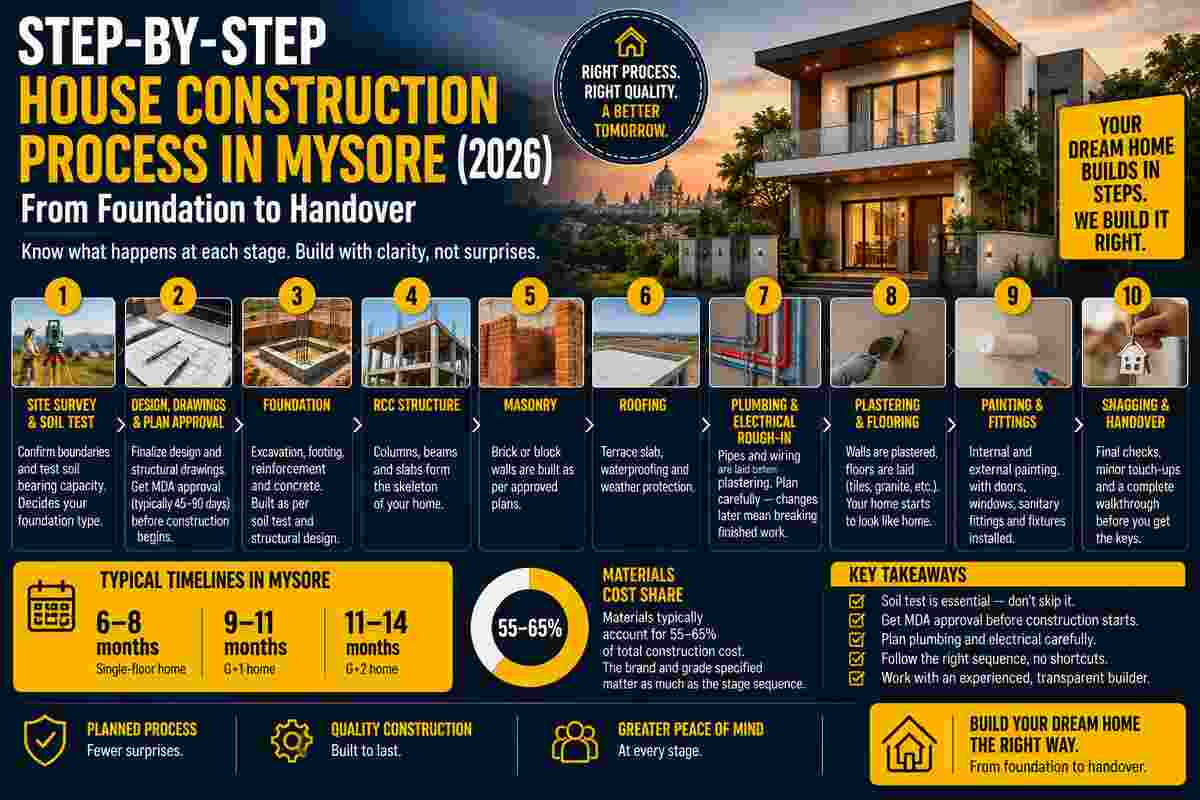Step-by-Step House Construction Process in Mysore (2026) — From Foundation to Handover